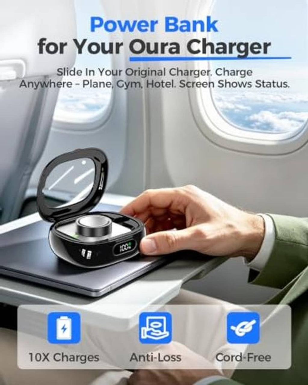 Black charging case resting on a power bank stand with LED screen and status lights