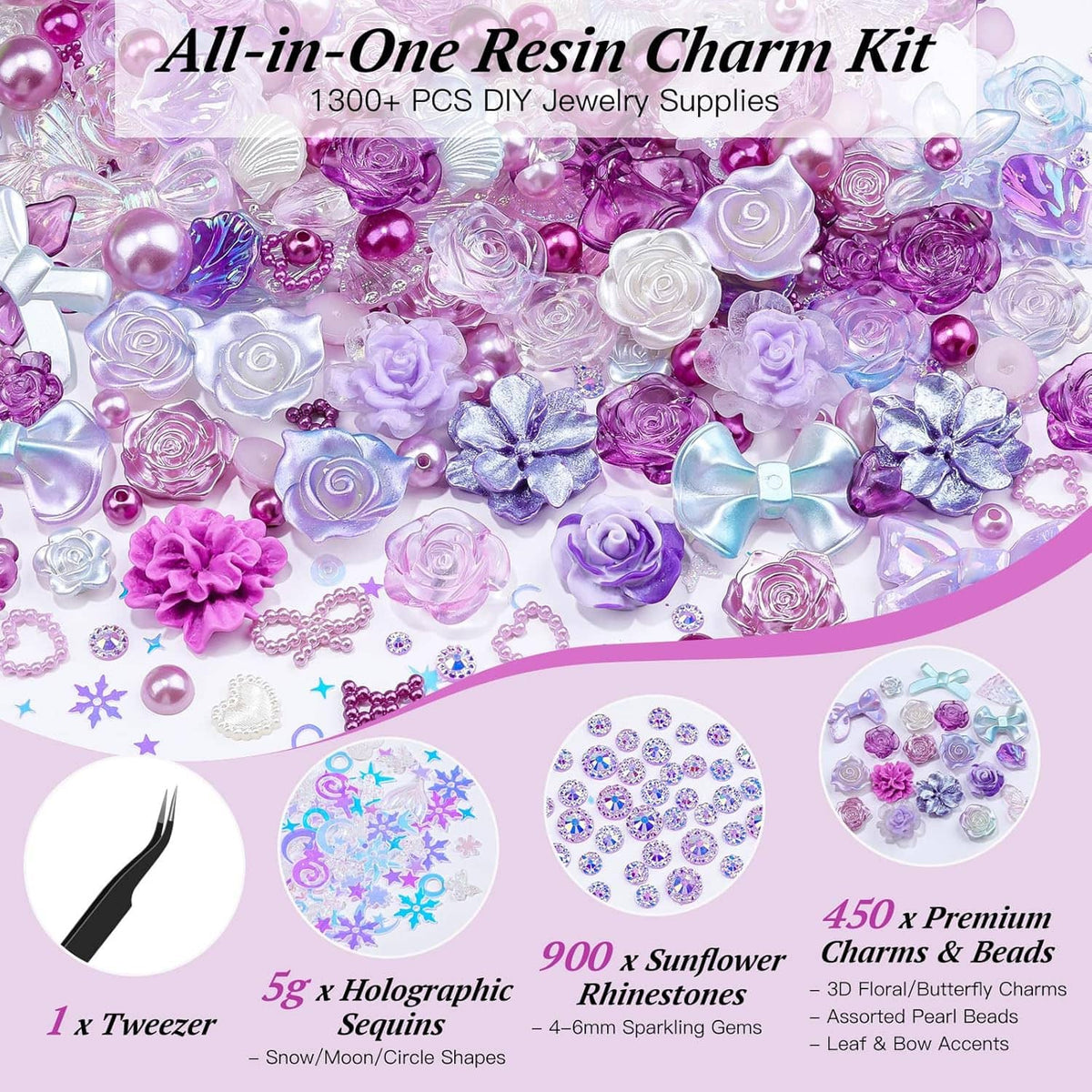 Resin charm beads kit with DIY jewelry supplies, featuring purple and blue flowers and gems