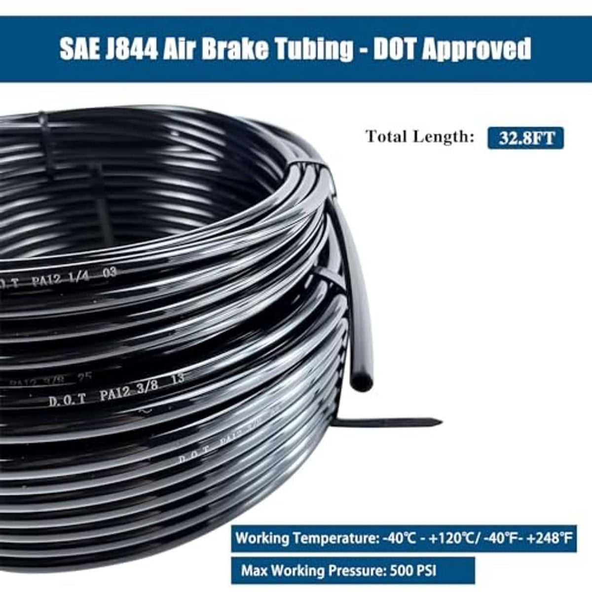 Close-up of coiled black air brake tubing with DOT-approved design and markings
