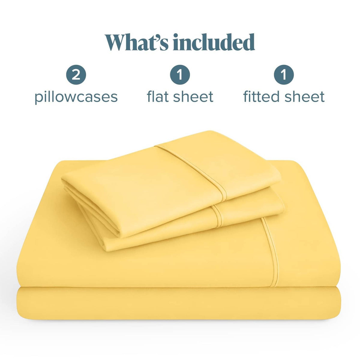 Lemon-yellow microfiber sheet set folded: 2 pillowcases, flat sheet, and fitted sheet.