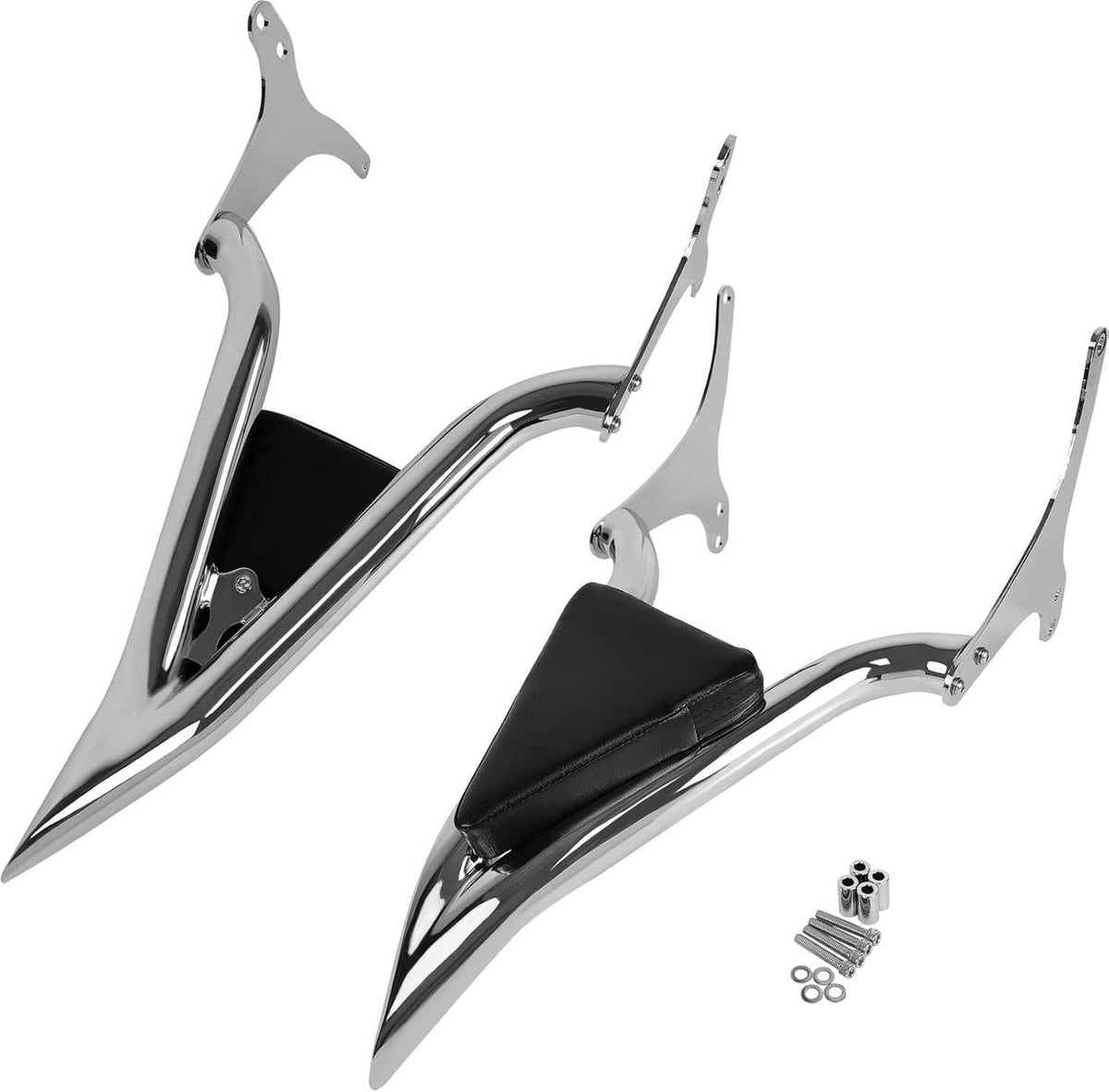 Chrome sissy bar backrest kit with black pad and included mounting parts