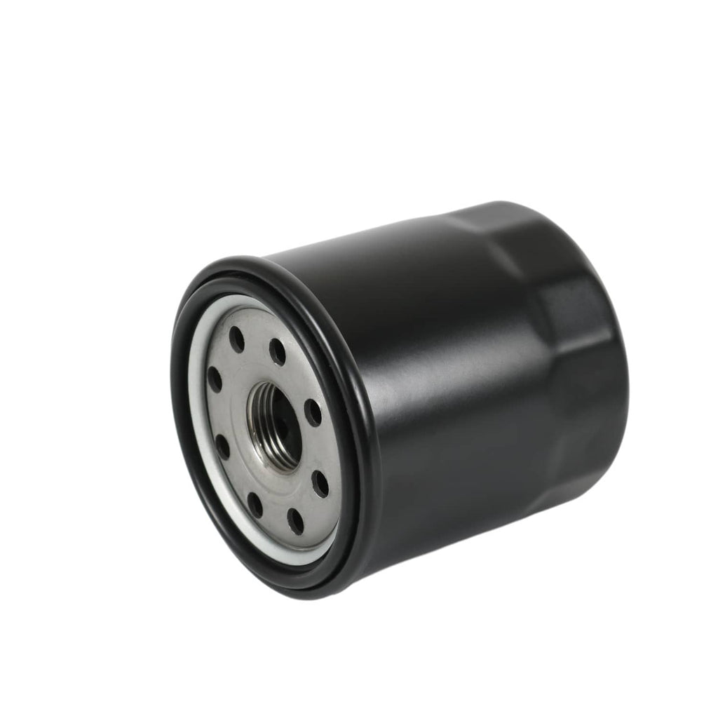 Hydraulic oil filter canister angled view with perforated metal insert and center threads