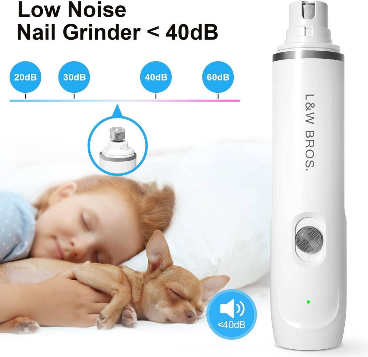 White dog nail grinder with low-noise design and circular noise level indicator