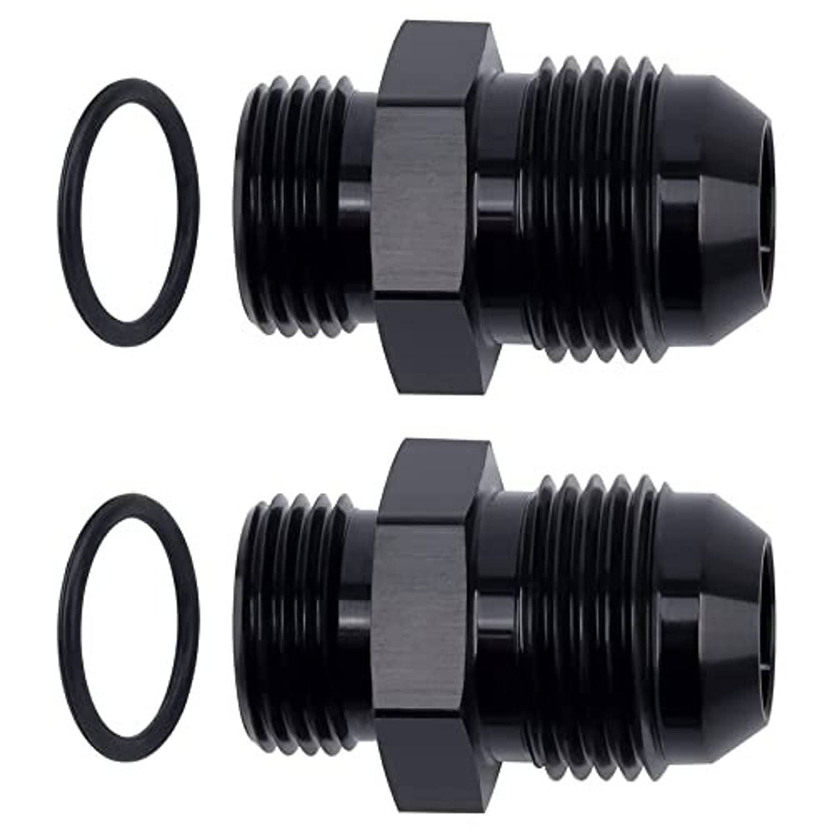 Black AN flare O-ring adapter fitting with hex body and threaded ends