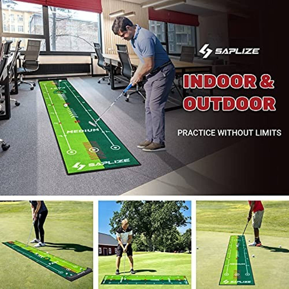 Green golf putting mat used indoors and outdoors on floor or grass