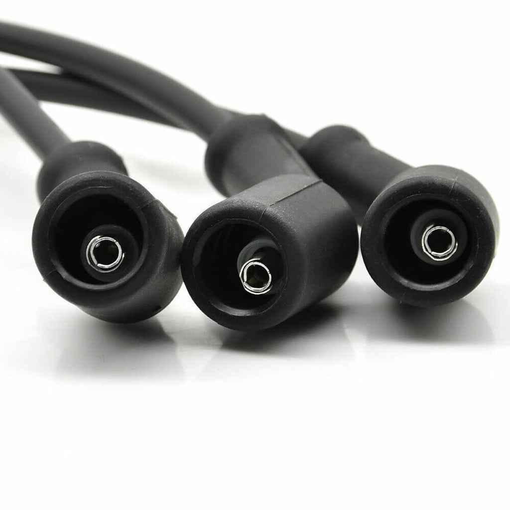 Black spark plug wire set with three terminal ends and metal contacts
