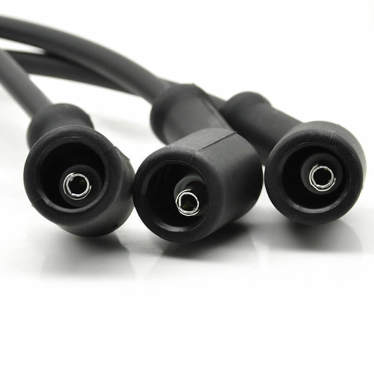 Black spark plug wire set with three terminal ends and metal contacts