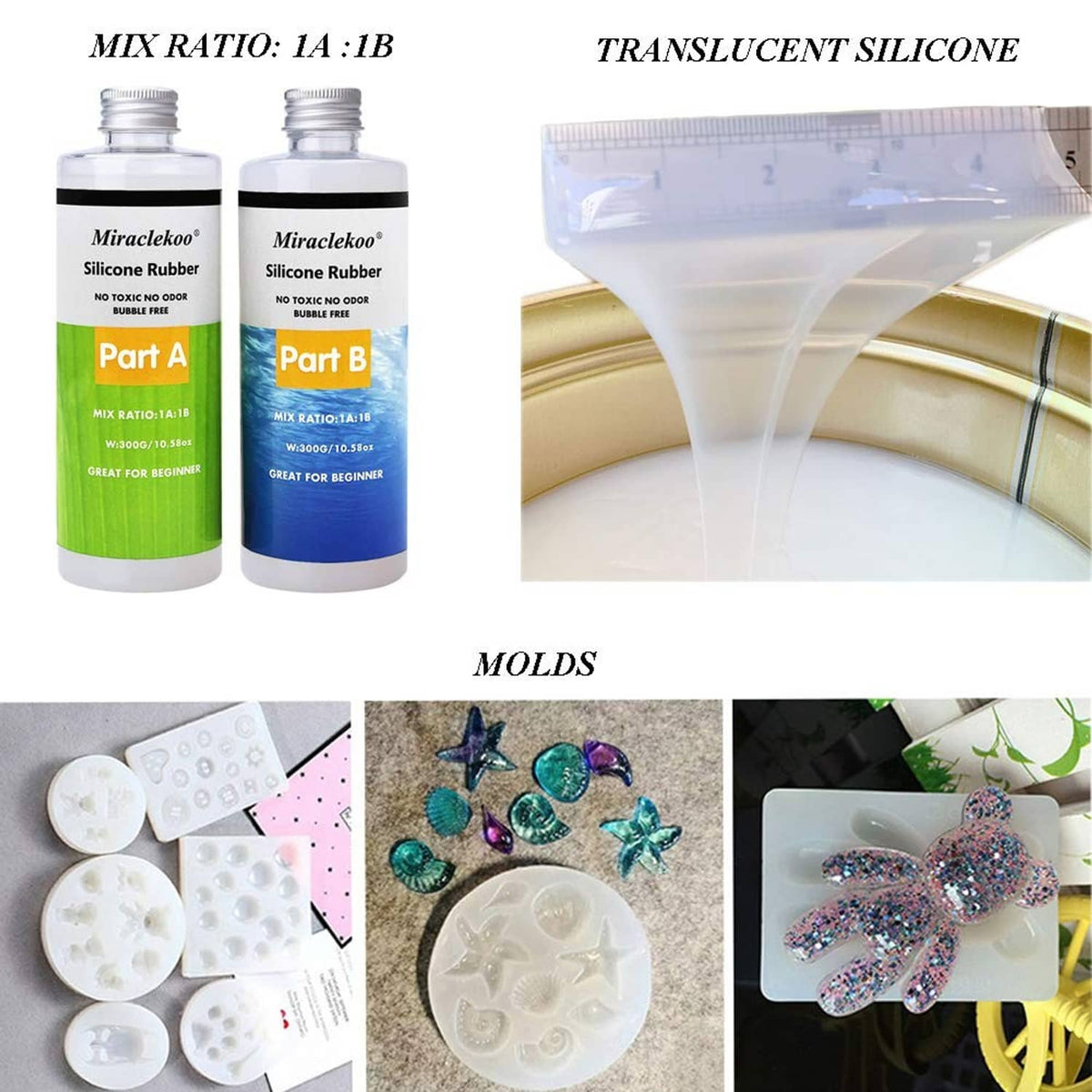 Silicone rubber bottles and translucent liquid poured into a mold for casting