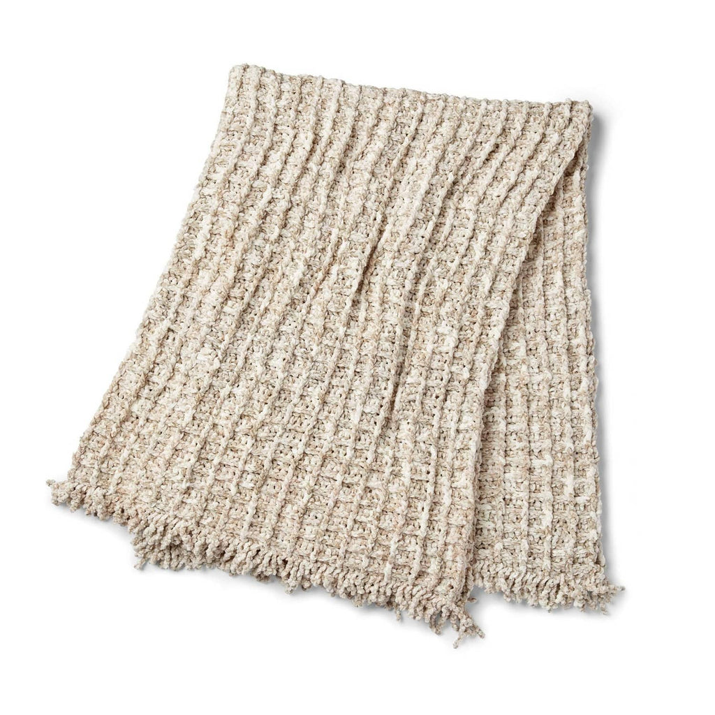Cream-and-tan textured knit scarf or wrap with fringed edges