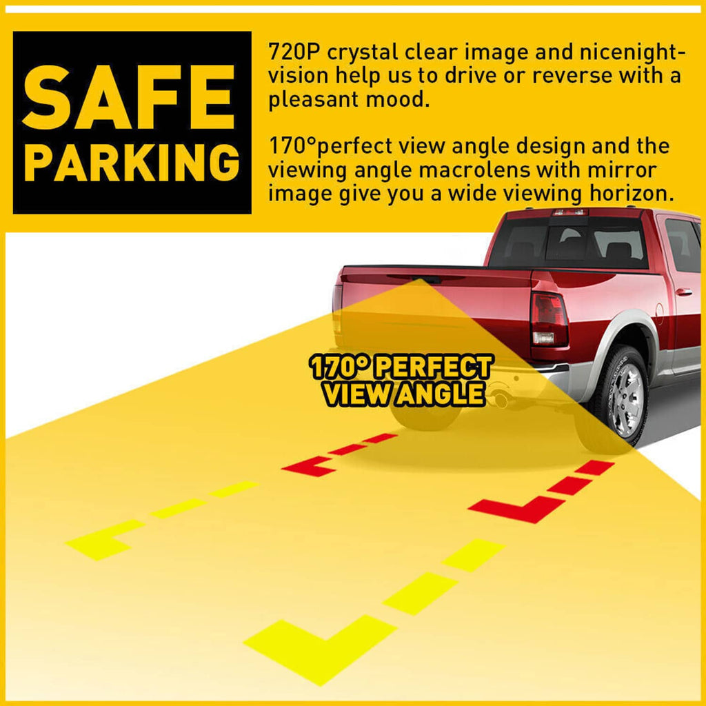 Tailgate backup camera showing wide parking view guide overlay