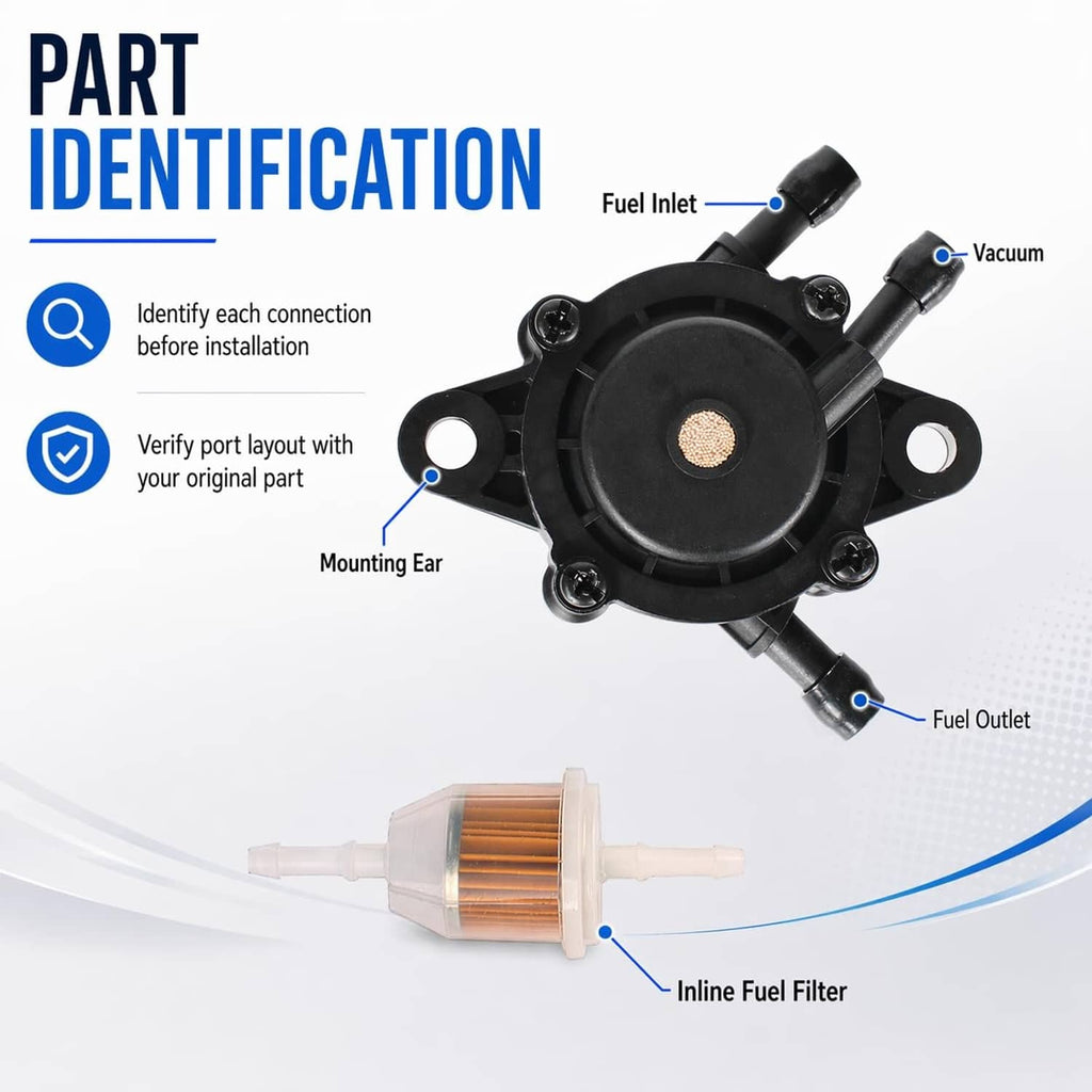 Fuel pump with fuel inlet and outlet ports, black housing and inline fuel filter