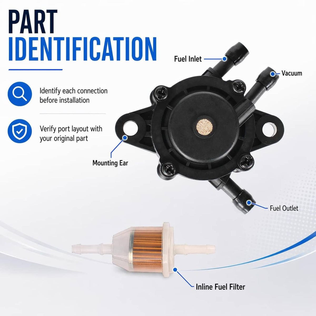 Fuel pump with fuel inlet and outlet ports, black housing and inline fuel filter