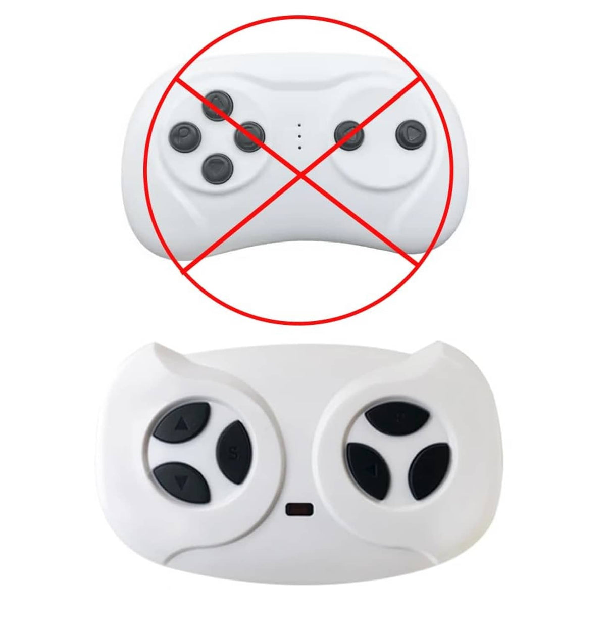 White remote controller with four buttons and a red X symbol over the face