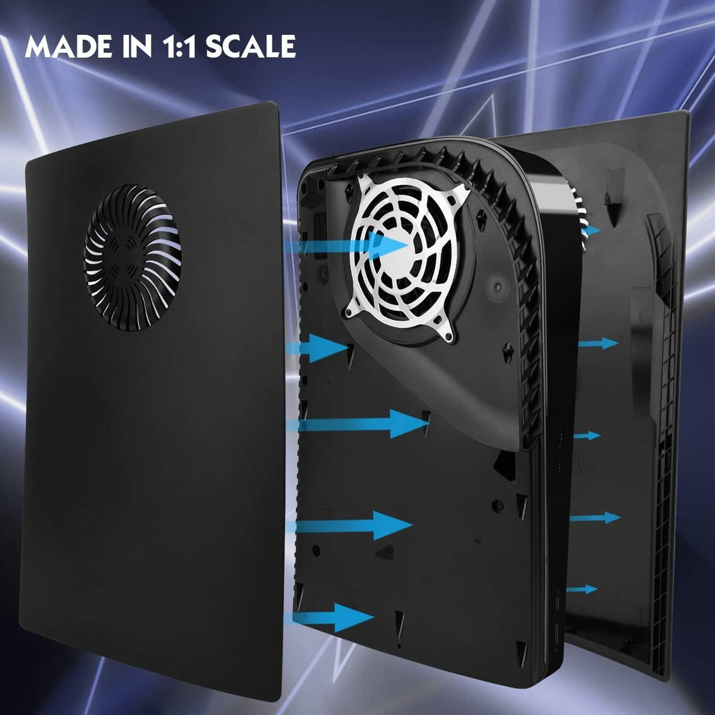 Black PS5 faceplate replacement showing inner fan grill and cooling vents