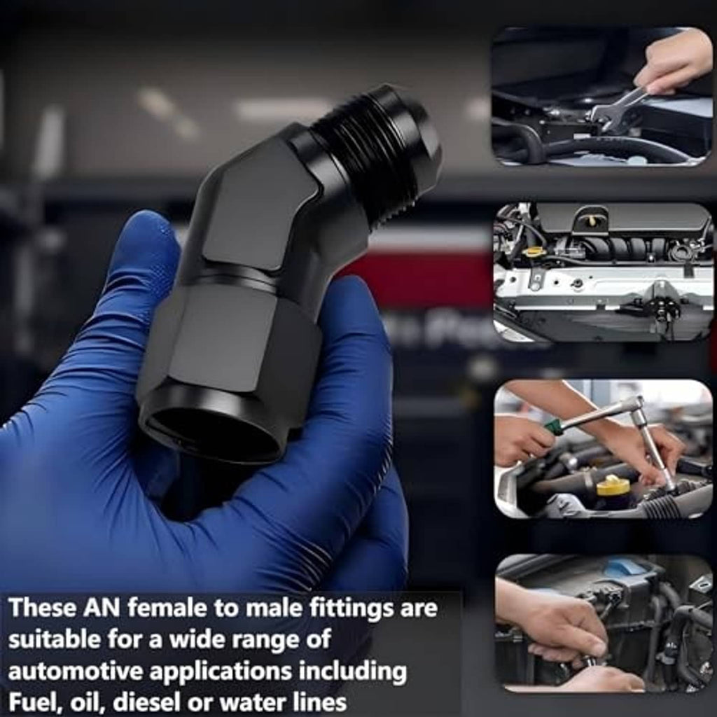 Black 45-degree female-to-male AN flare swivel fitting adapter with angled body and threads