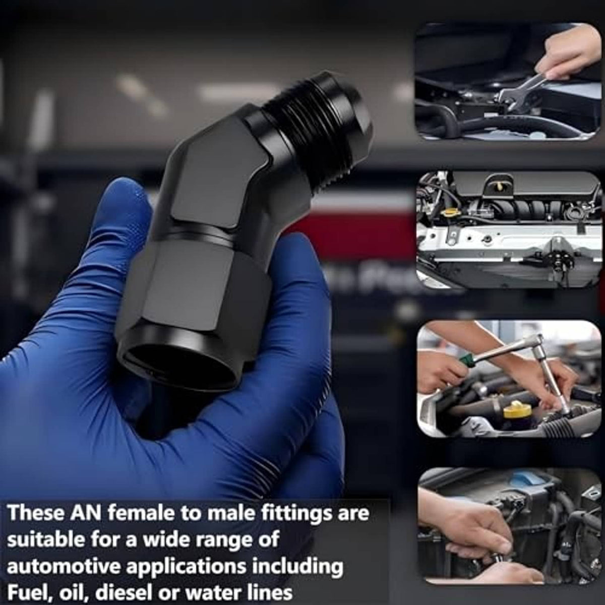 Black 45-degree female-to-male AN flare swivel fitting adapter with angled body and threads