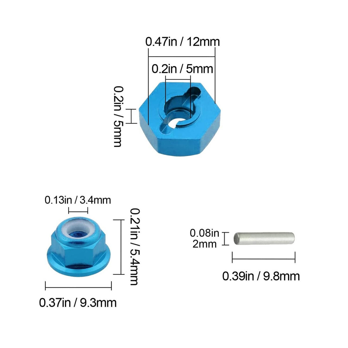Blue aluminum hex drive hub adapter dimensions: 12mm OD, 5mm height, 2mm hole