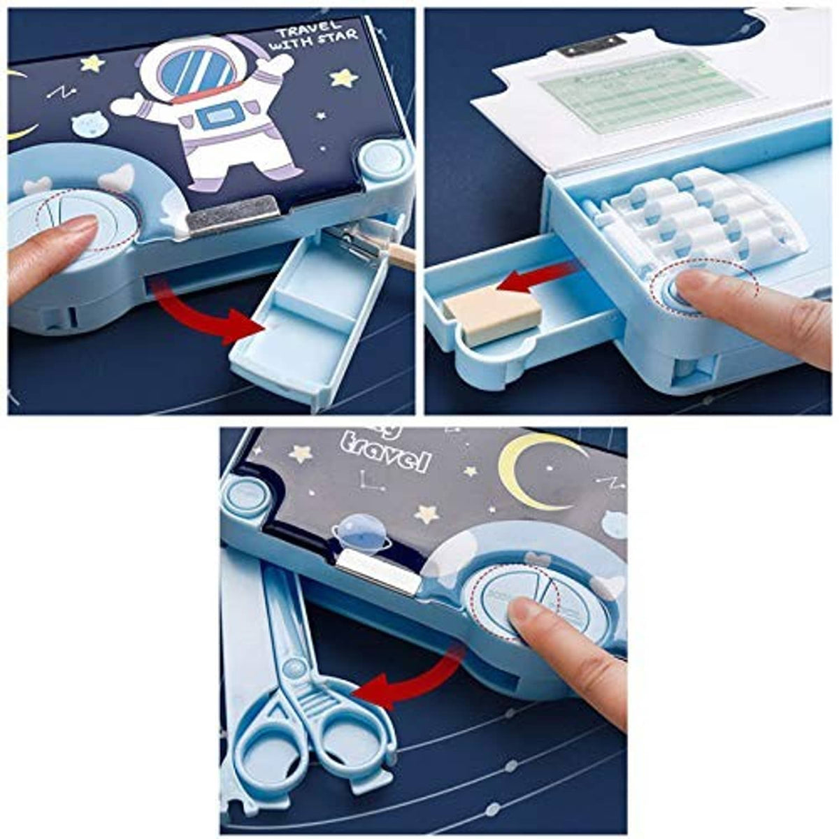 Space-themed pencil case with open tray showing multiple stationery slots