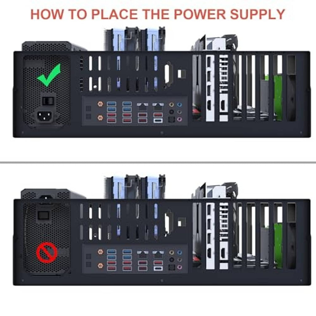 Open computer case showing power supply placement with rear I/O panel access