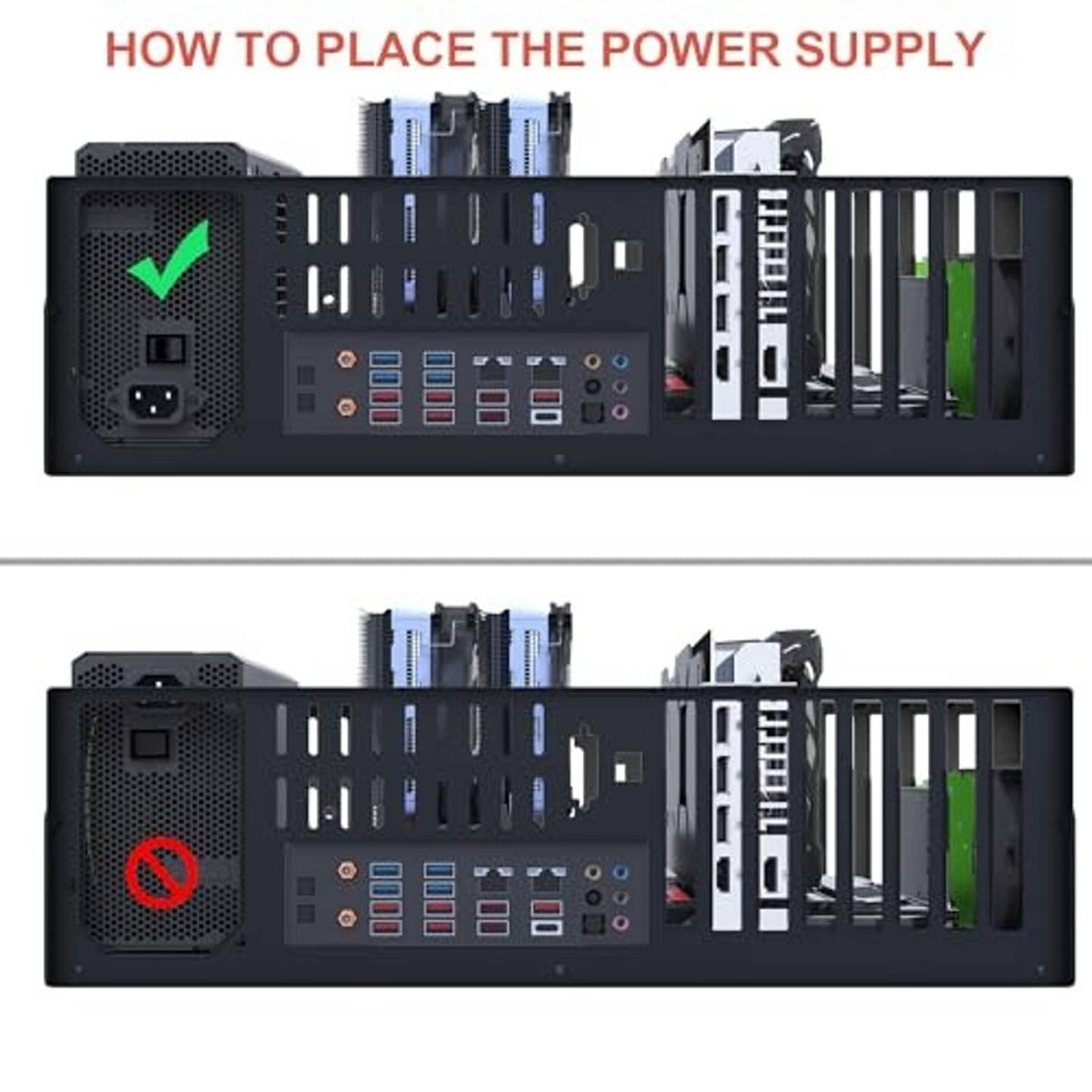 Open computer case showing power supply placement with rear I/O panel access