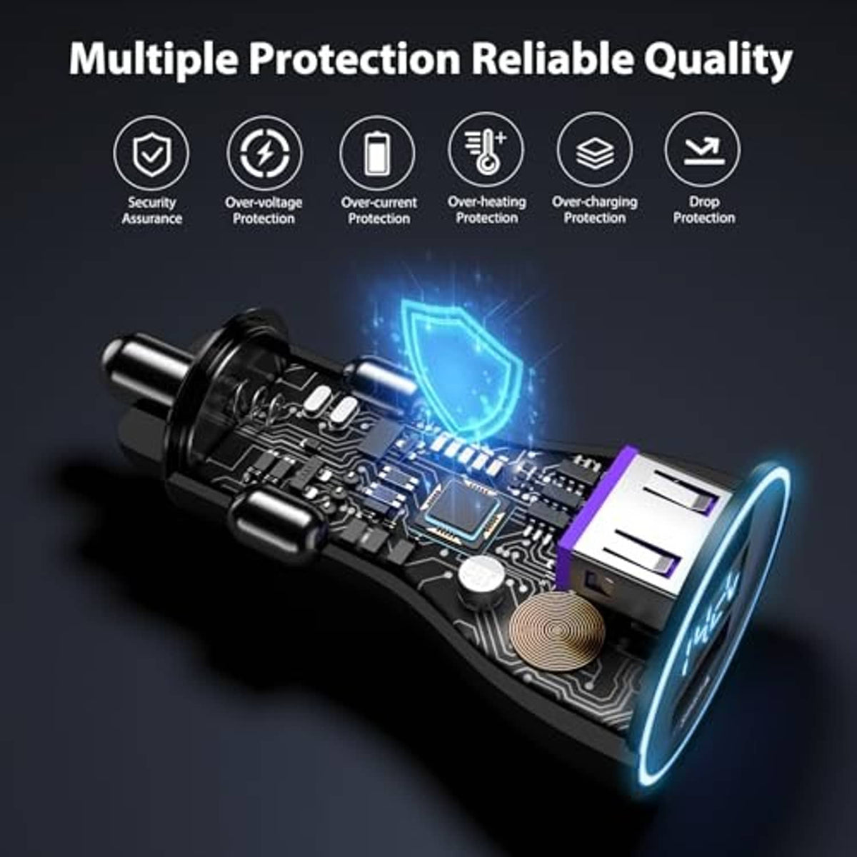 Black car USB charger with exposed circuit board, red cable, USB-A port
