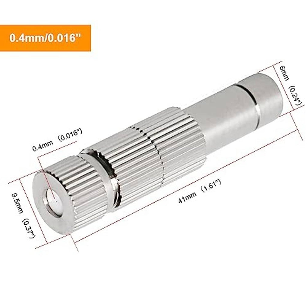 Single mister nozzle diagram showing 0.4mm orifice and 6mm inlet, ridged body