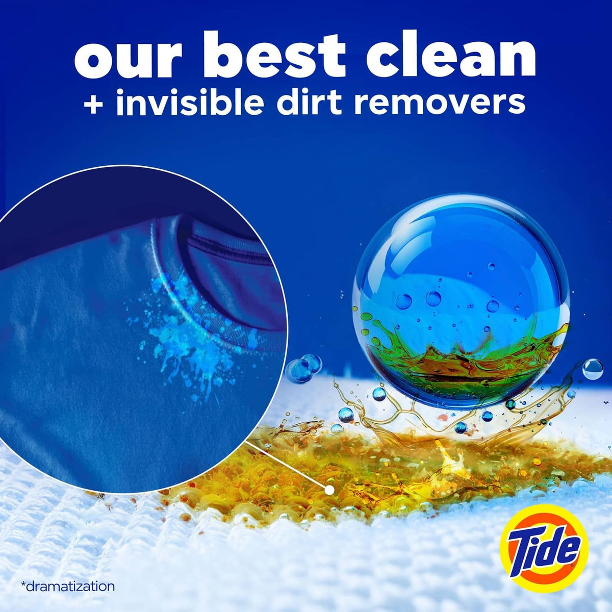 Tide detergent PODS with water splash, visible Tide logo