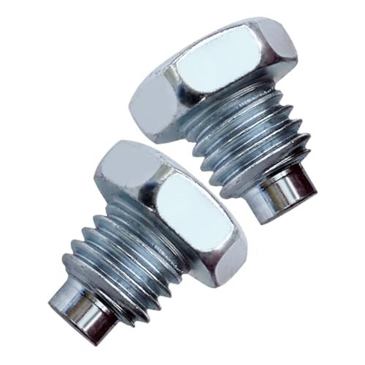 Two chrome horizontal floor jack handle bolts with hex heads and ridged threads