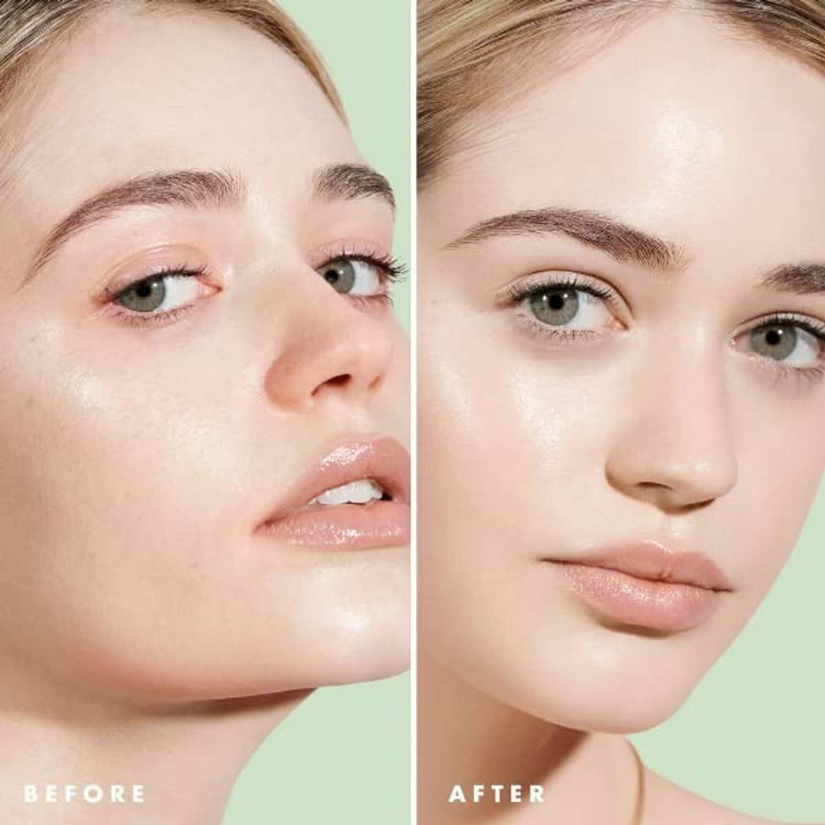 Face primer before-and-after on two models, smooth natural matte skin
