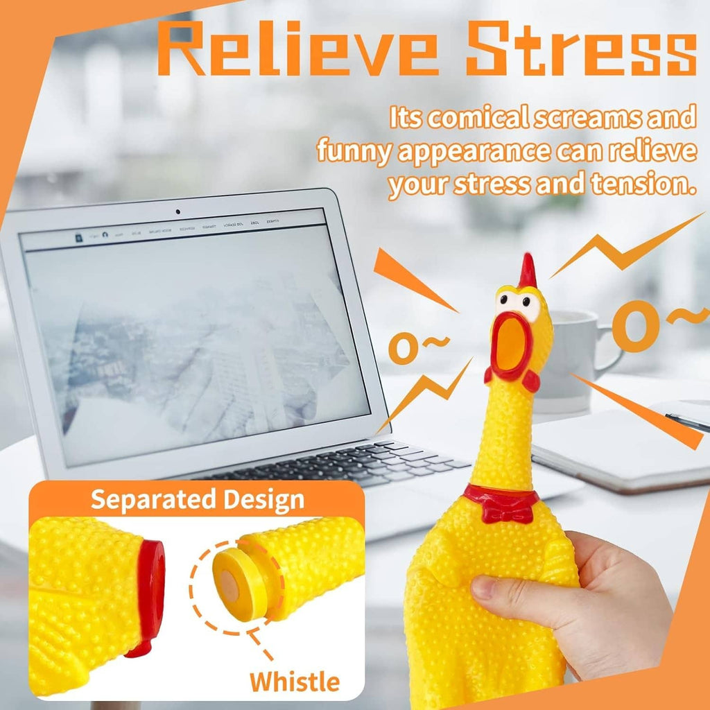 Yellow rubber squeaky chicken toy with red beak and comb, whistle end shown