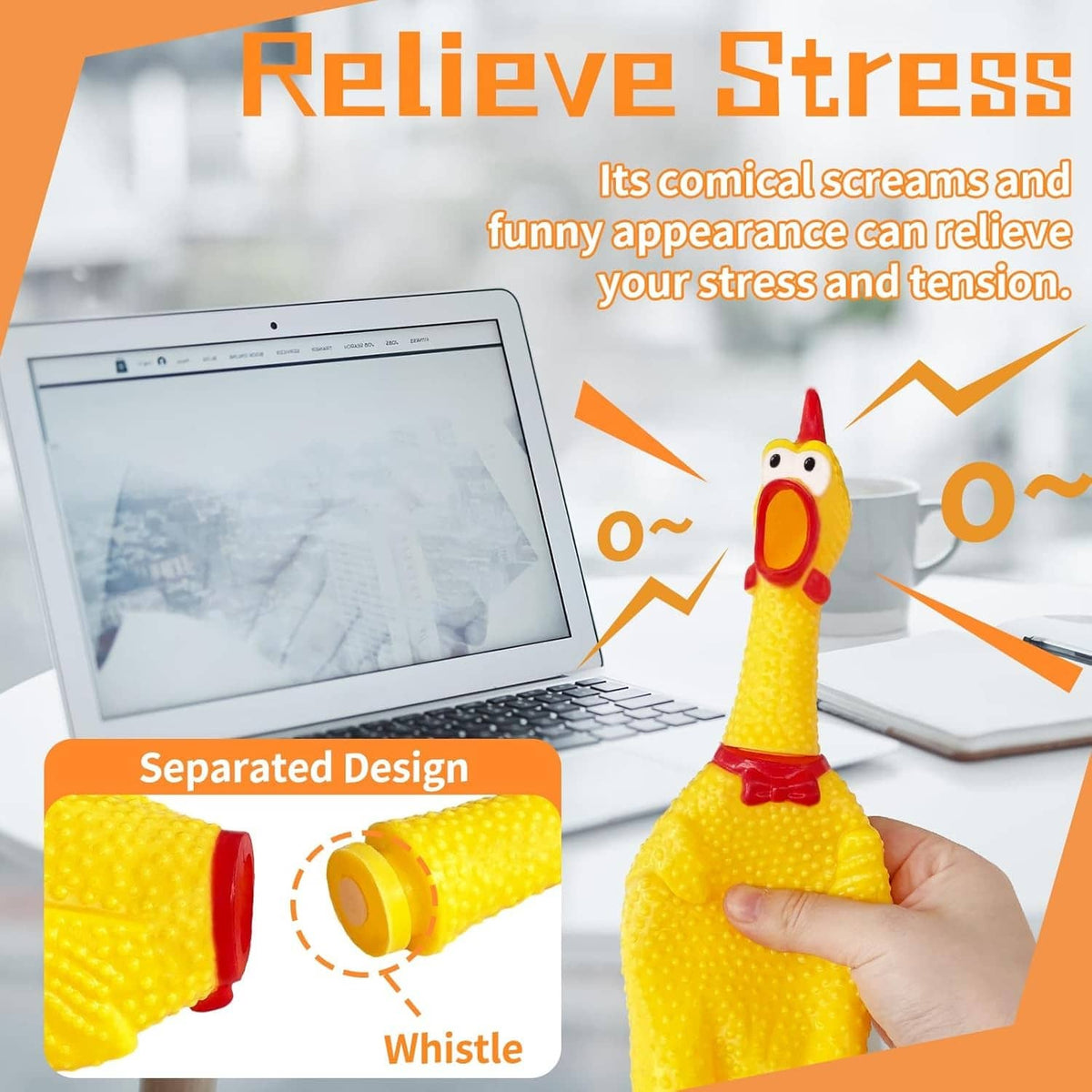 Yellow rubber squeaky chicken toy with red beak and comb, whistle end shown
