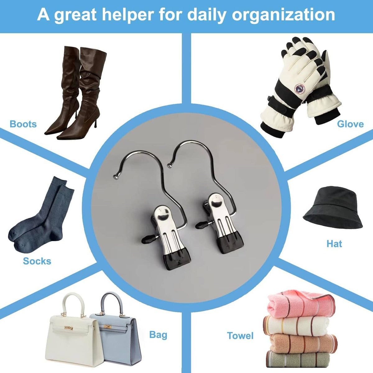 Boot hanger clip hooks organizing socks, boots, gloves, hats, towels, and bags