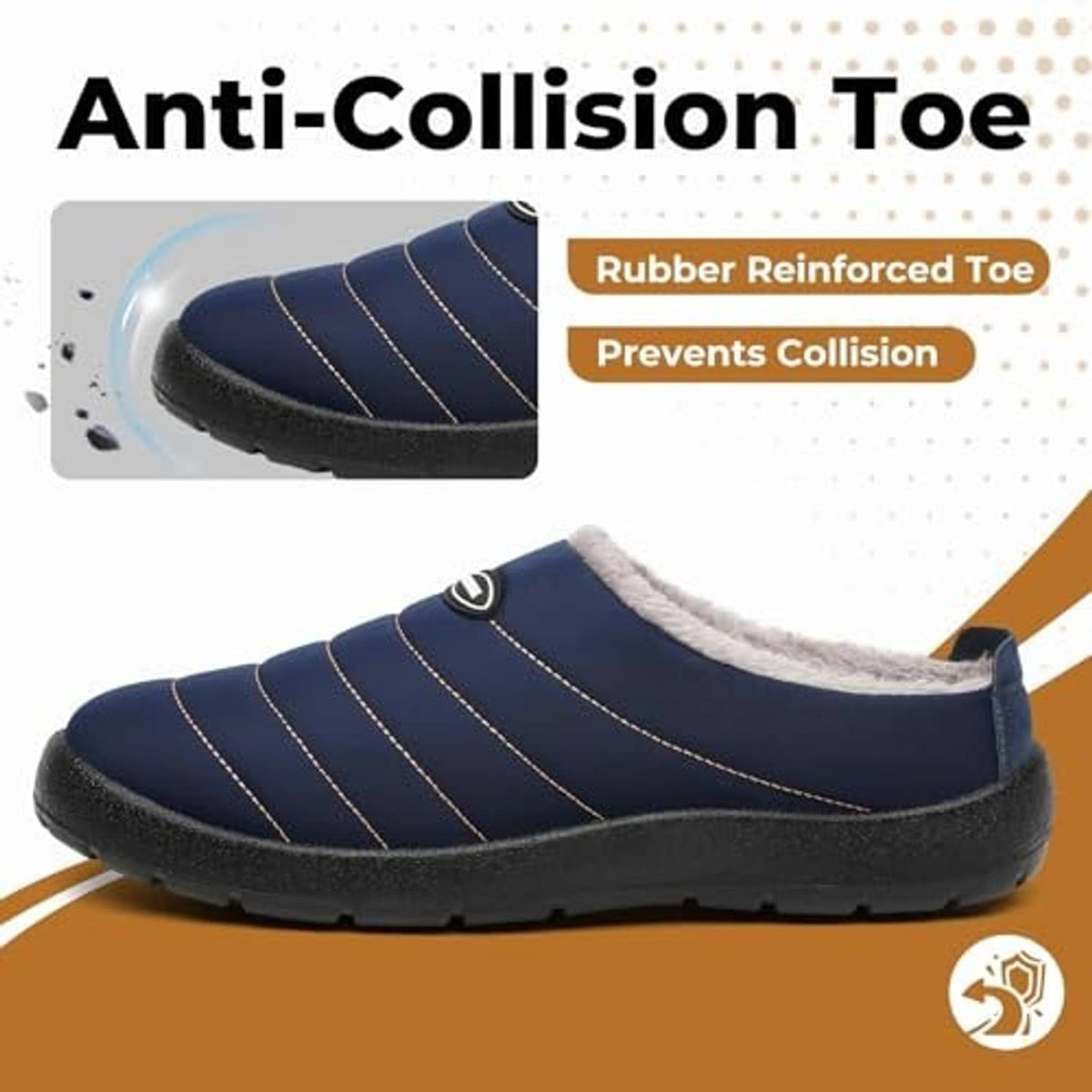 Dark blue house slippers with white faux-fur lining, stitched stripes, and rubber sole