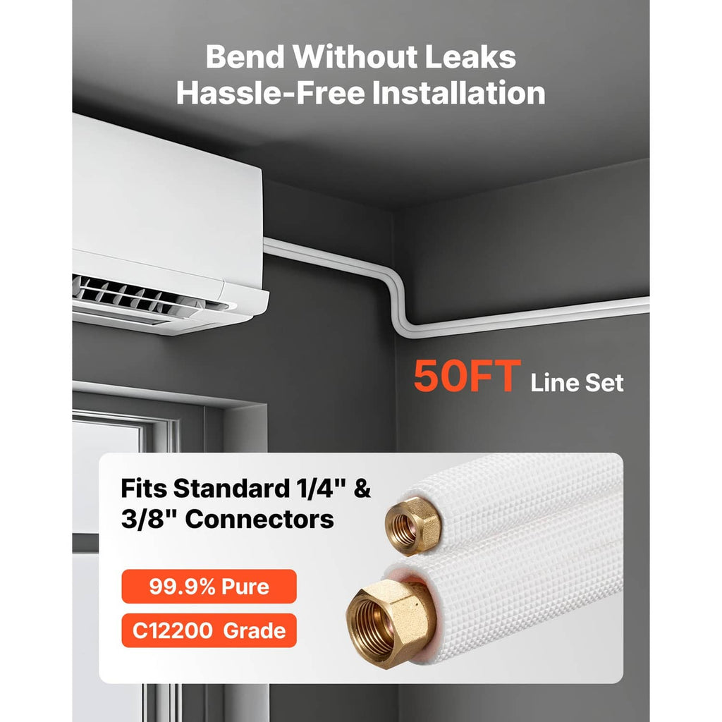 50ft pre-insulated mini split line set tubing coil with white PE insulation and brass fittings