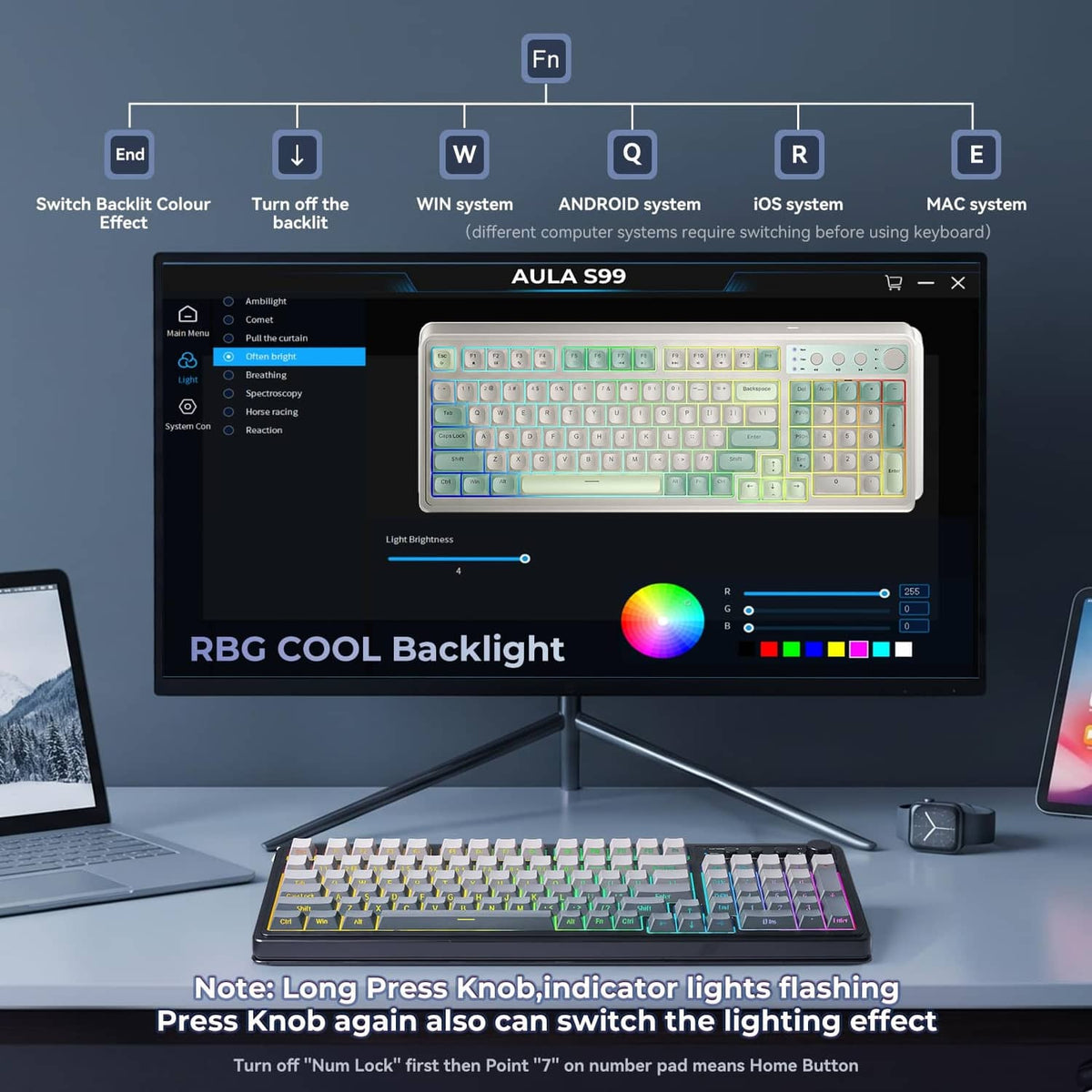 RGB keyboard shown with on-screen shortcut menu and bright key area.