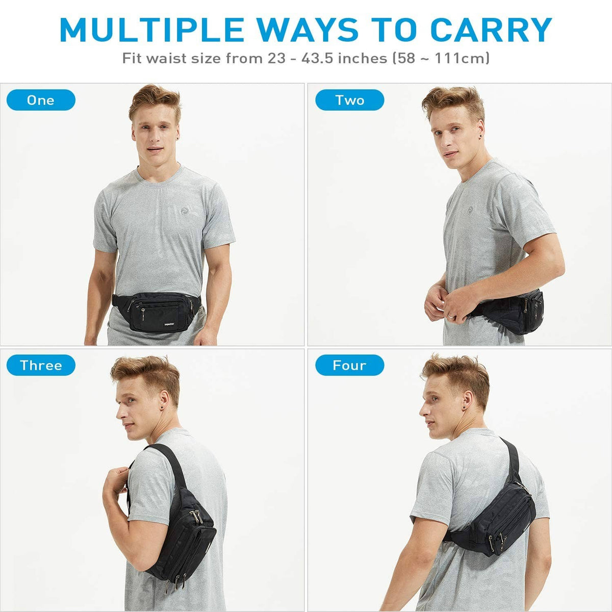 Black waterproof waist pack with adjustable belt and zippered compartments, rain cover included