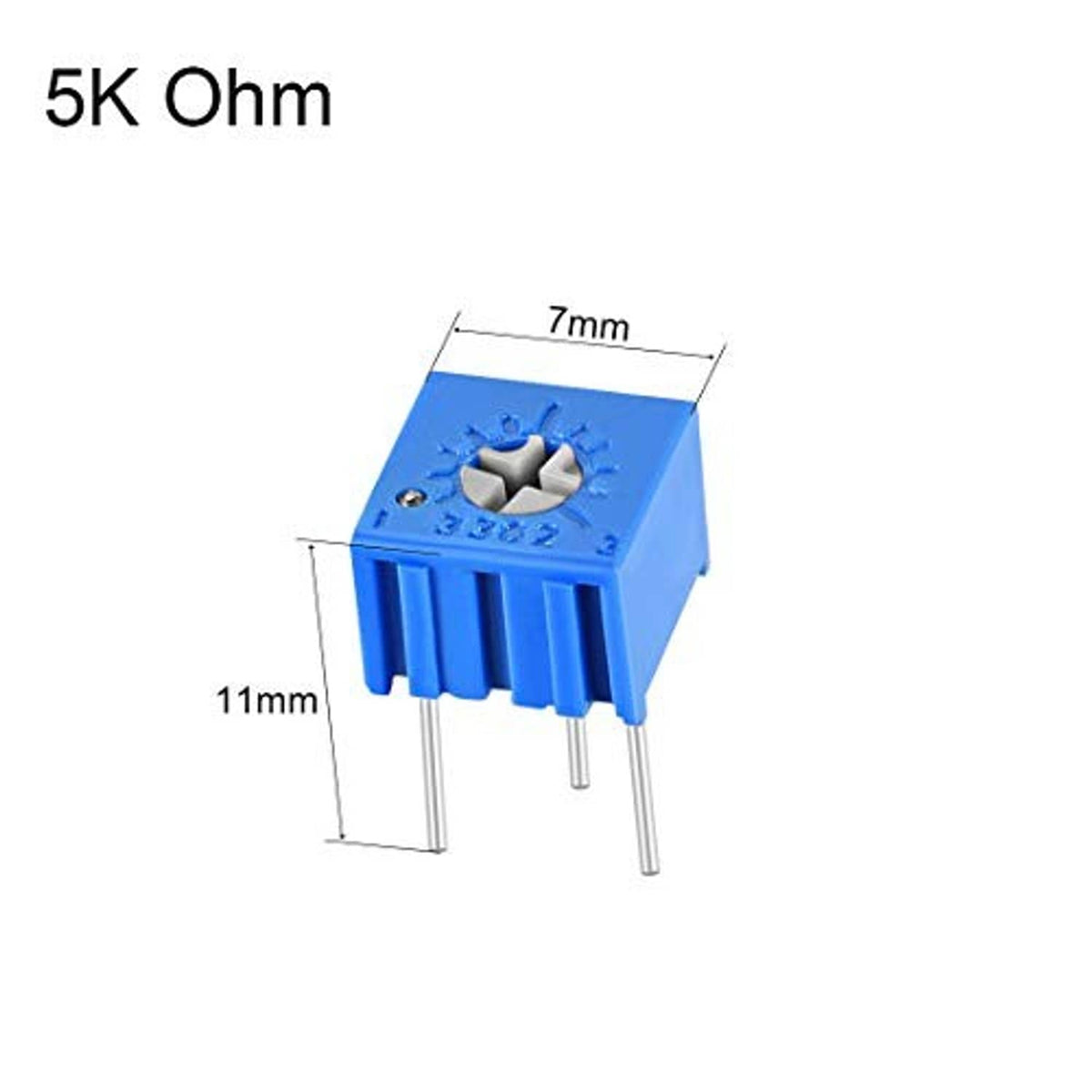 Blue 5K ohm trimmer potentiometer, top adjustment; 7mm width and 11mm height, 3 pins