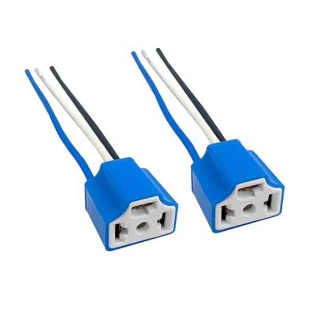 Blue female wiring harness connector with two terminal openings, white and black wires