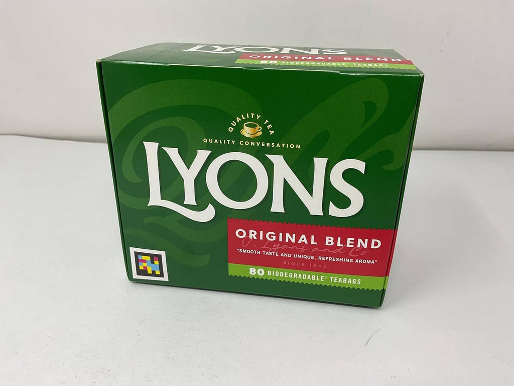 Lyons Original Blend tea bag box front, green with Lyons logo and 80 teabags