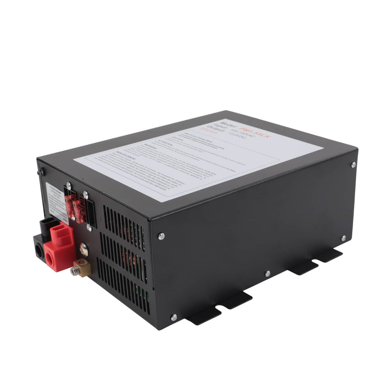 Black power converter unit with front DC terminals and red clamp-style connectors