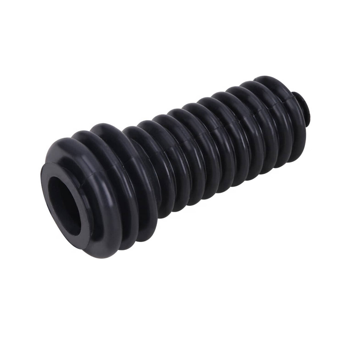 Black steering rack boot with ribbed accordion folds and rounded mounting flange