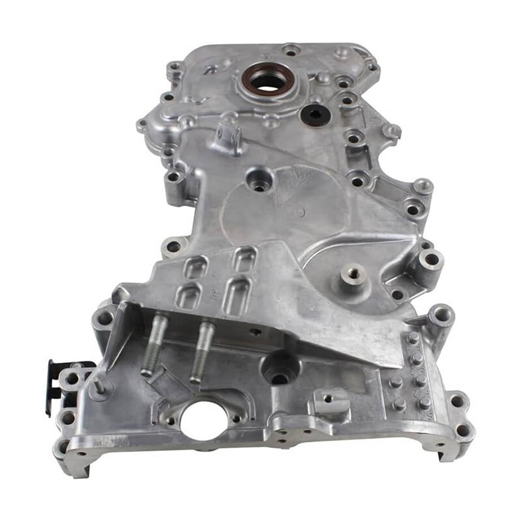 Engine timing oil pump cover with large round opening and multiple mounting bolt holes