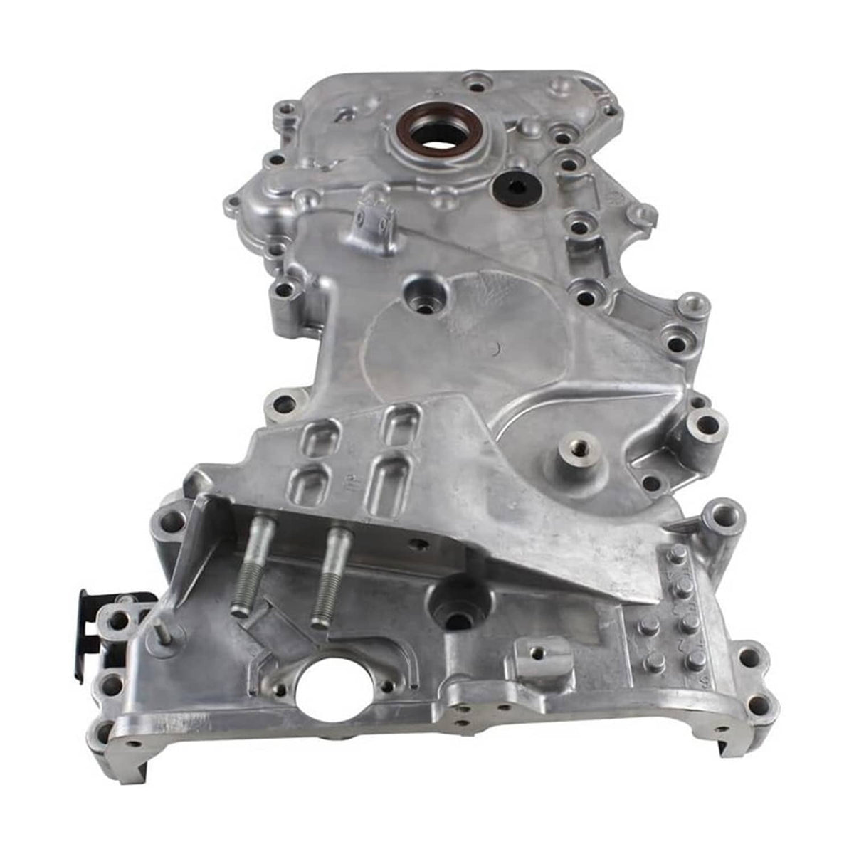 Engine timing oil pump cover with large round opening and multiple mounting bolt holes
