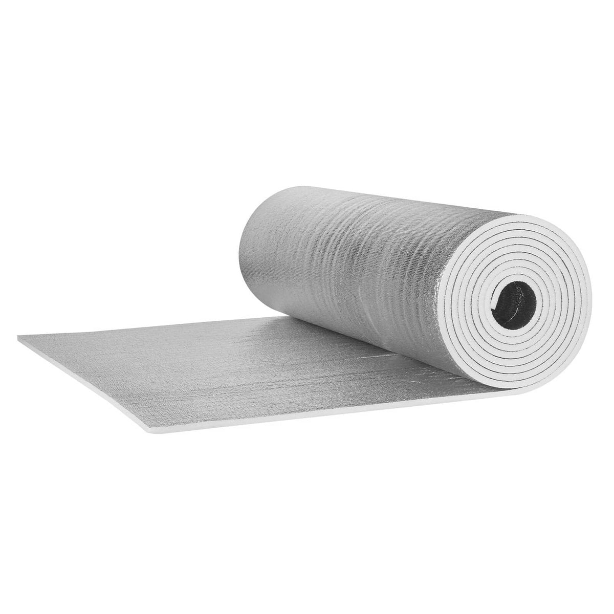 Radiant barrier insulation roll with silver reflective surface and foam backing