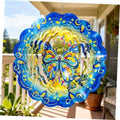 Blue butterfly wind spinner with mirrored metal rings and a colorful butterfly center