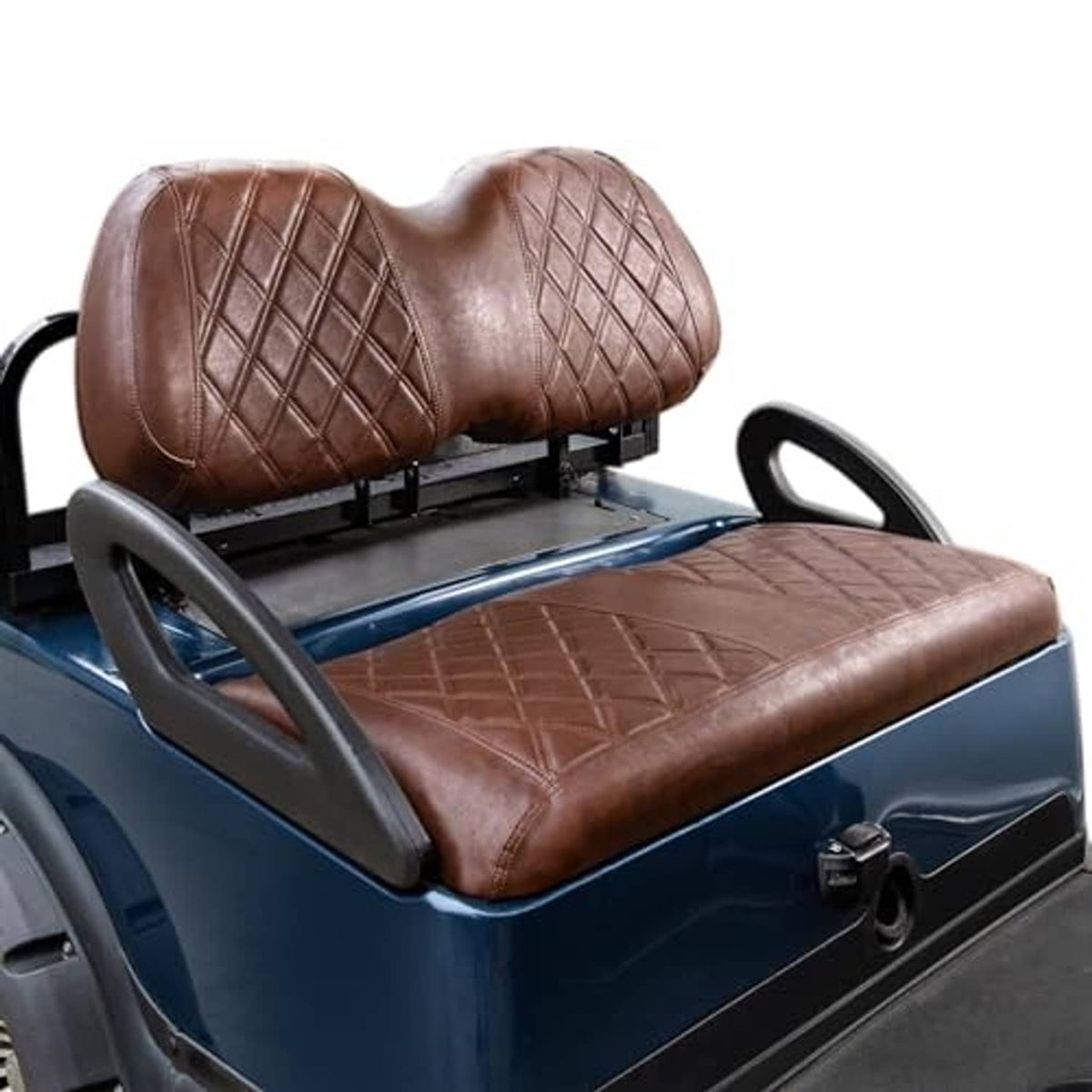 Brown diamond-quilt golf cart seat cover with stitched seat cushion and backrest