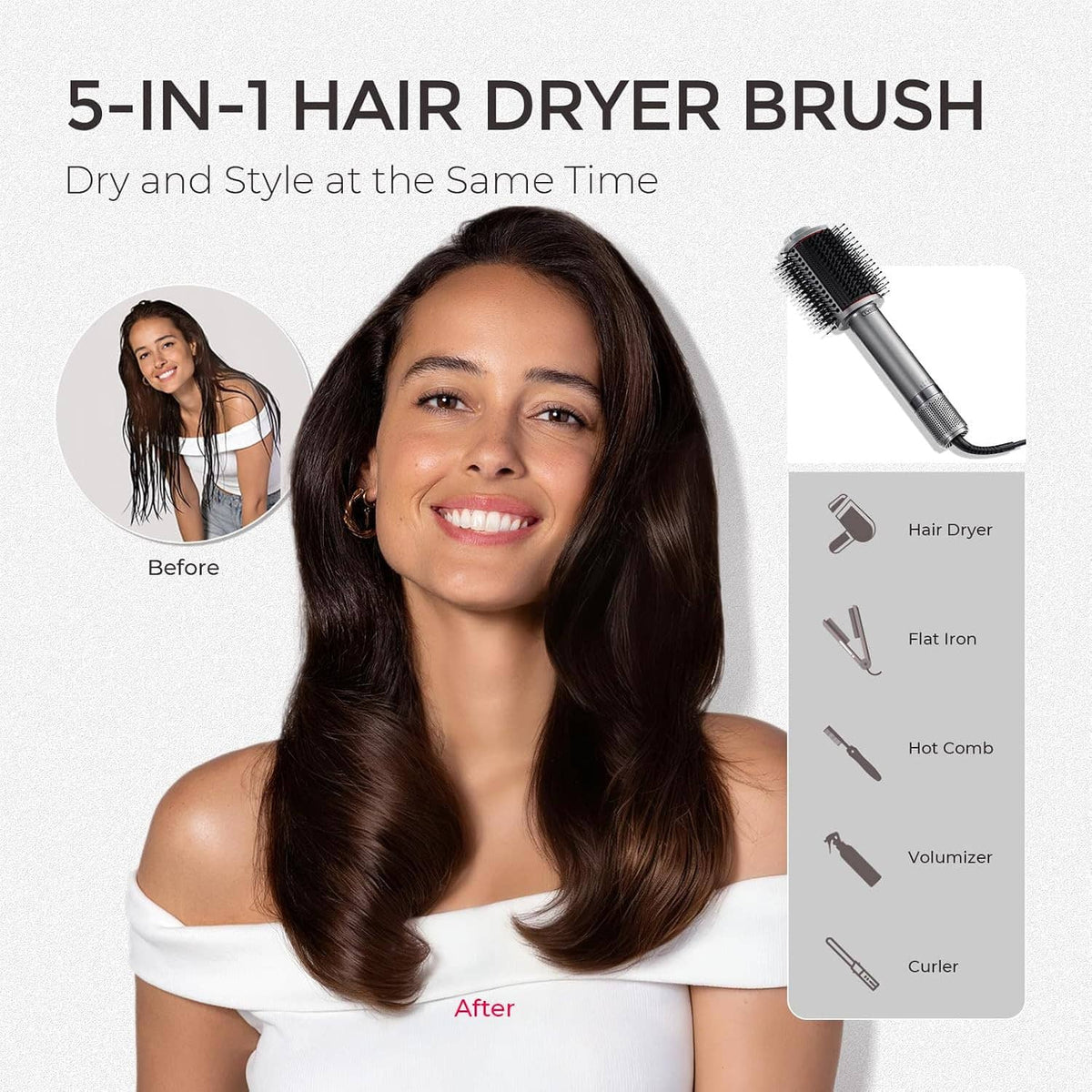 5-in-1 hair blow dryer brush kit with styling attachments and silver barrel