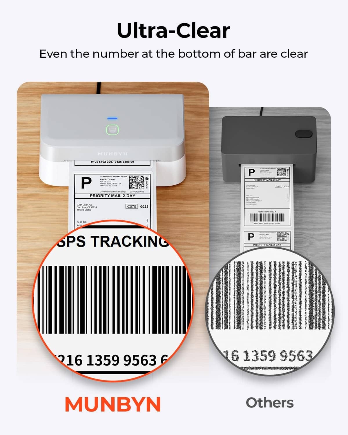 Grey thermal label printer displaying clear barcode label output