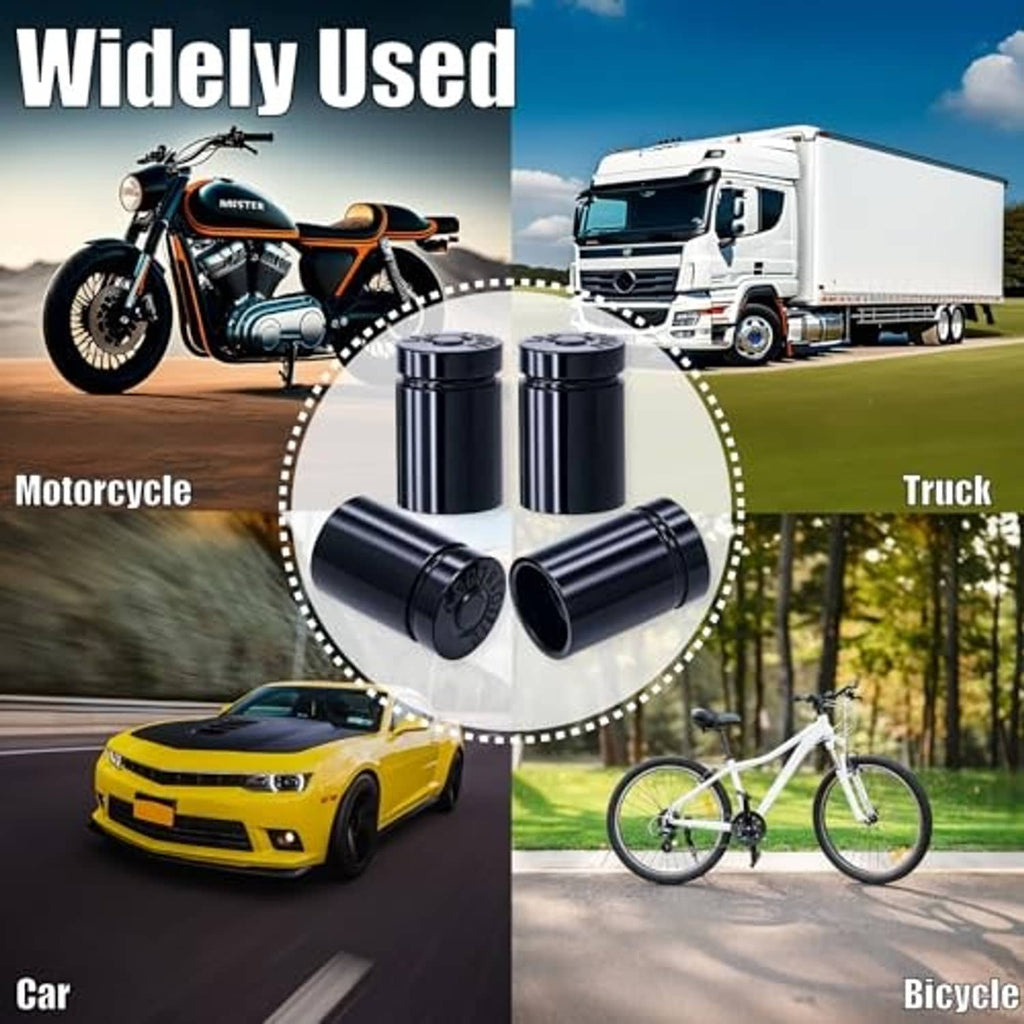 Black bullet valve stem caps set shown for car, truck, motorcycle, and bicycle