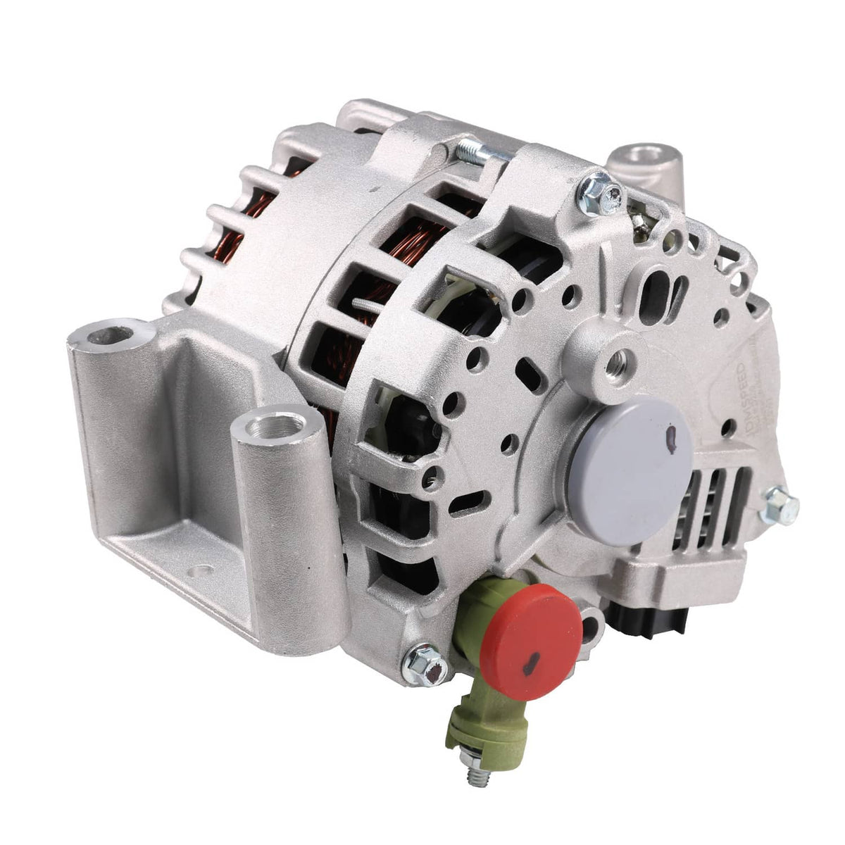 Automotive alternator angled view with red terminal cap and green sensor lead